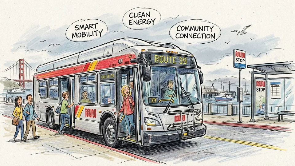 San Francisco Muni shuttle bus at waterfront stop near Fisherman's Wharf