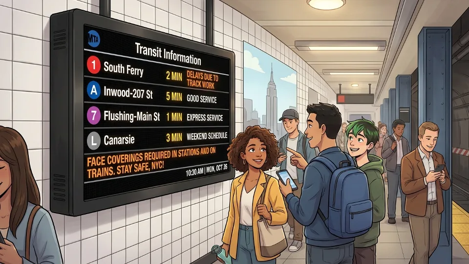 Transit information display board showing service alerts and train schedules at metro station