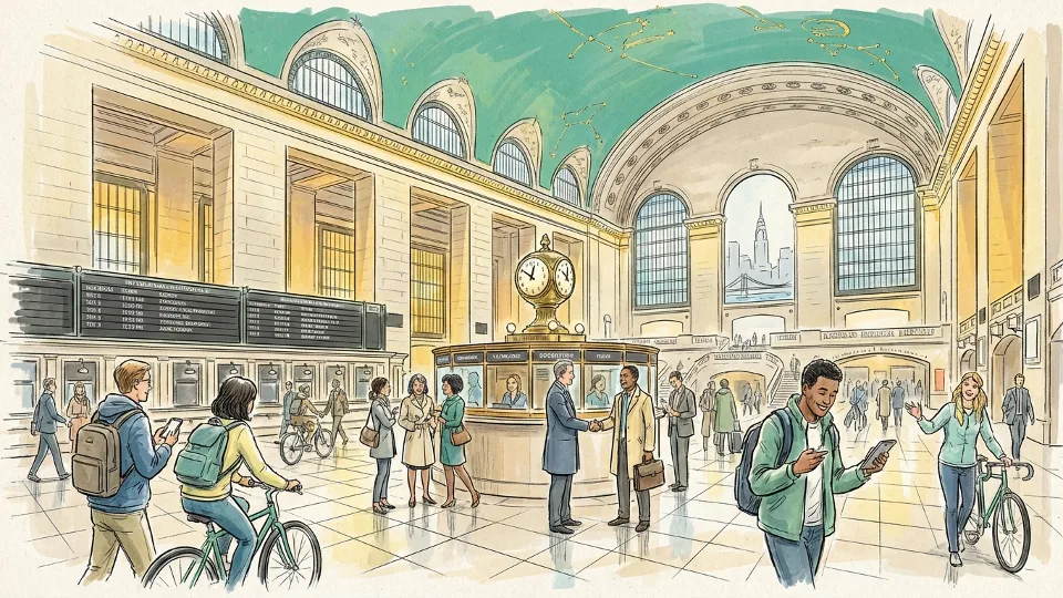 Grand Central Terminal main concourse with information board and commuters, iconic architecture and transit hub atmosphere