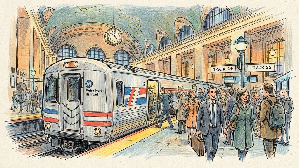 Metro-North train at Grand Central Terminal platform with passengers boarding during evening rush hour, architectural details of historic station visible in background