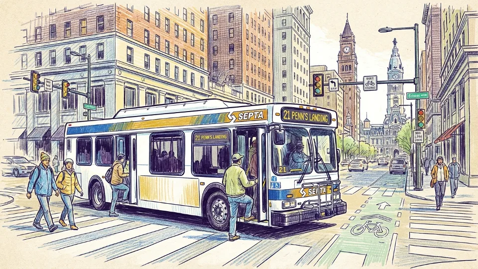 SEPTA bus stopped on busy Center City Philadelphia street with pedestrians crossing
