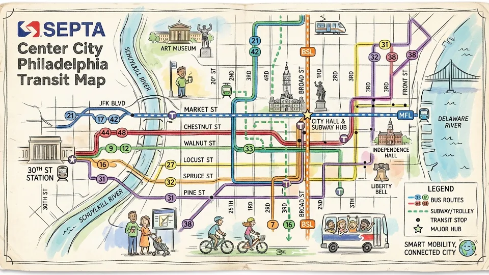 SEPTA route map showing Center City Philadelphia bus lines and downtown streets