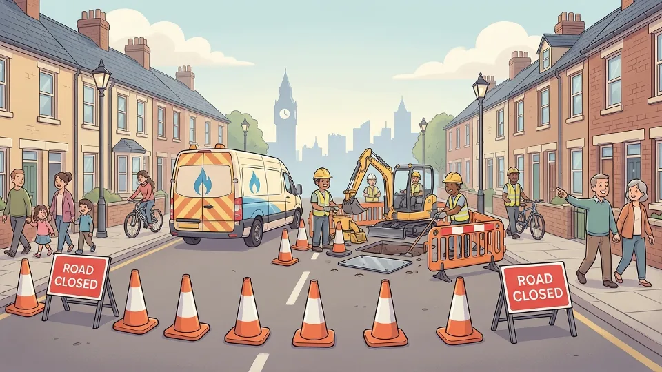 Road closure signs and traffic cones blocking urban street with gas utility work equipment