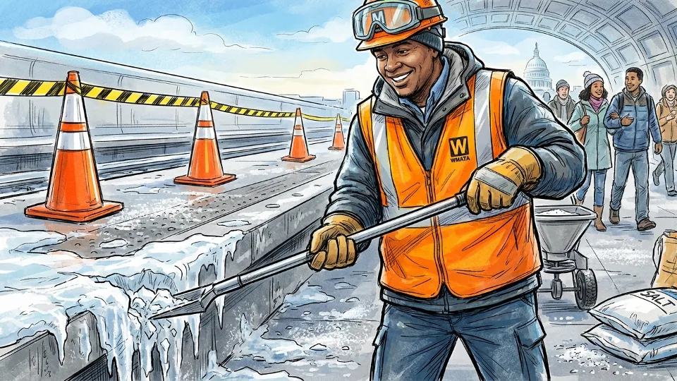 Close-up of Metro maintenance worker using ice-breaking tool on hardened ice formation at transit platform, safety cones and caution tape visible in background