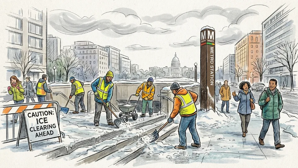 Metro station entrance with ice-covered walkway and safety equipment visible, workers in high-visibility vests using tools to break up compacted ice on concrete surface