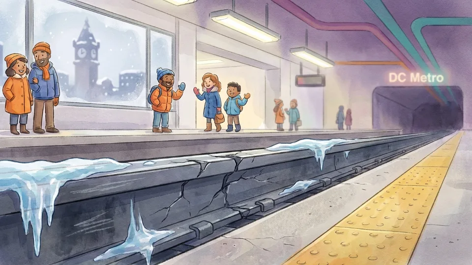 Close-up view of cracked rail section with ice buildup at Metro station platform showing winter weather damage