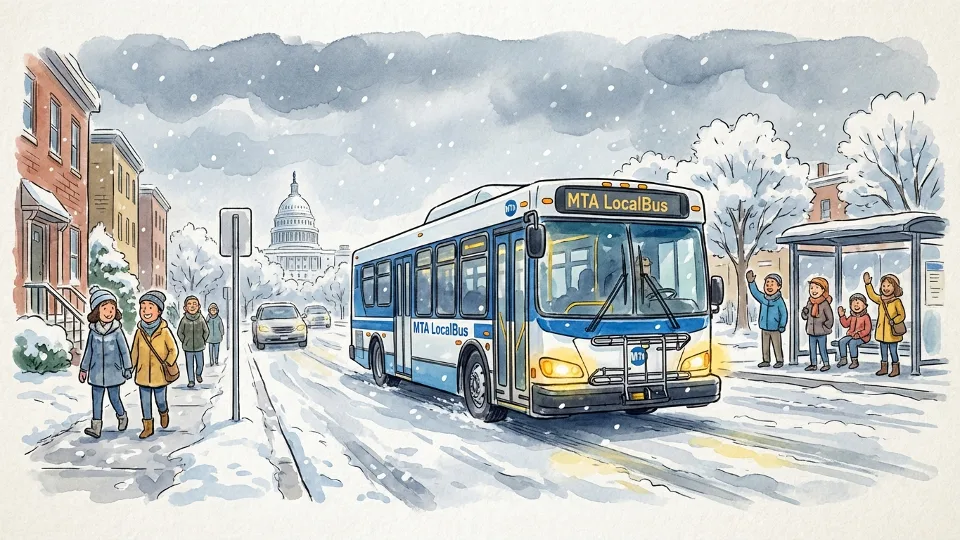 MTA LocalBus vehicle navigating winter road conditions with snow visible
