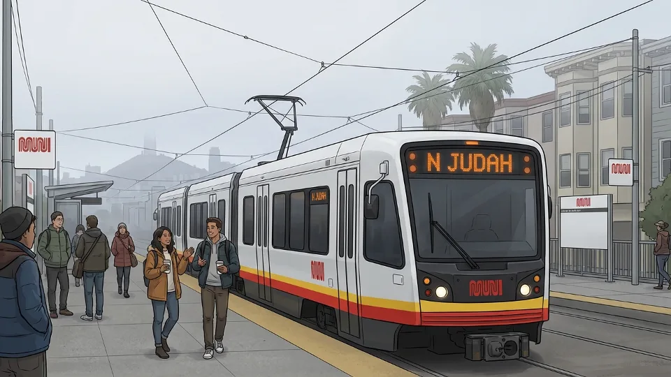 San Francisco Muni N Judah train at station platform with passengers waiting
