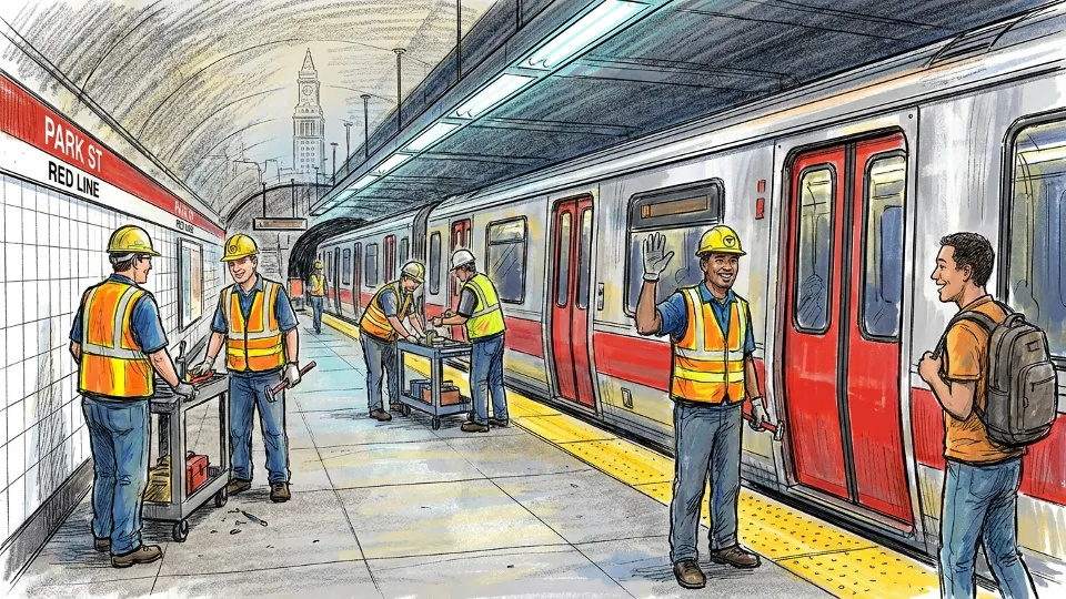 MBTA maintenance crew working on Red Line train at station, showing transit workers in safety vests near train car