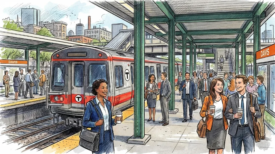MBTA Red Line train stopped at Davis station platform with passengers waiting, showing typical morning commute scene with station signage visible