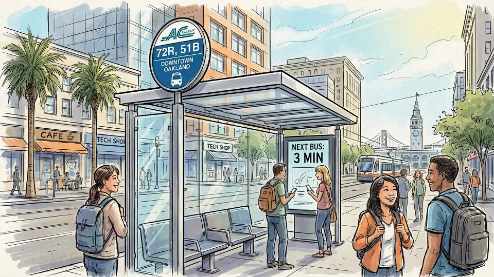 Bus stop sign and shelter on urban street in Bay Area transit corridor
