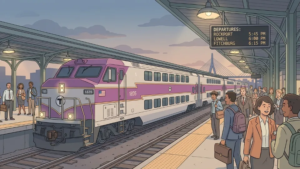 Commuter rail train at North Station platform in Boston during evening hours with passengers waiting on platform