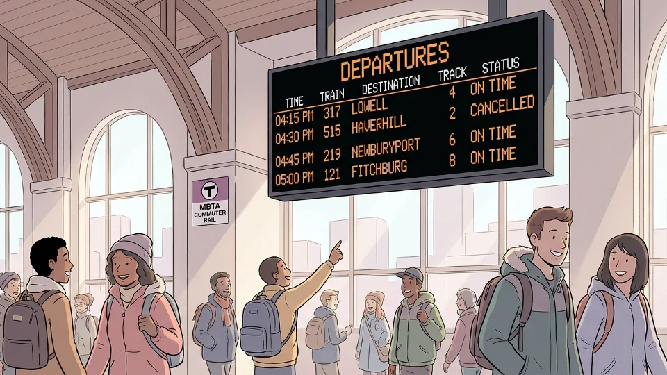 North Station departure board showing train schedule and cancellation information