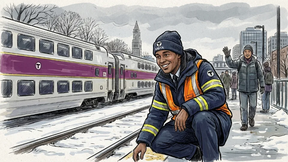 MBTA Commuter Rail conductor checking track conditions during winter weather operations