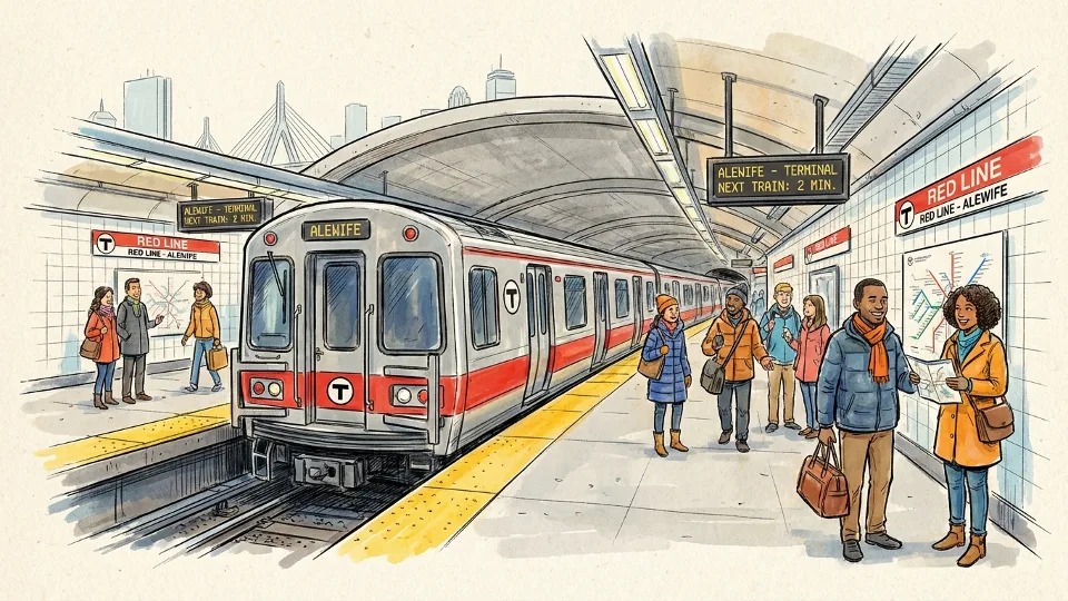 MBTA Red Line train at Alewife station platform with passengers waiting
