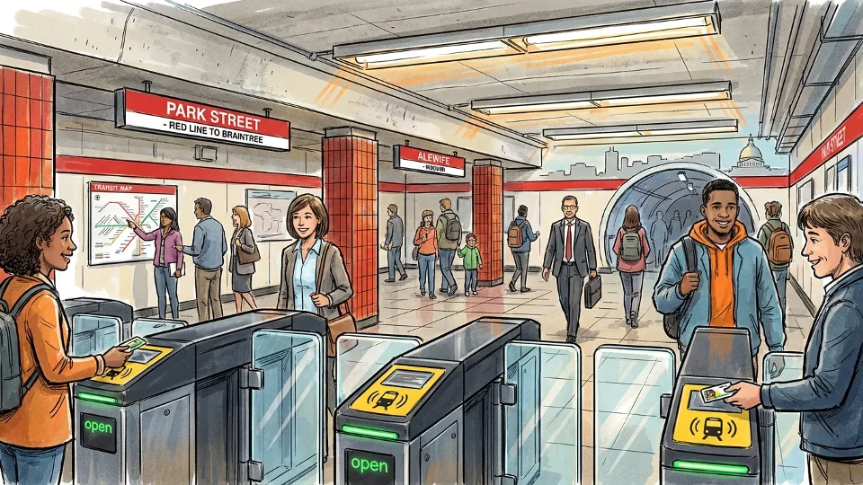 MBTA Red Line station interior with fare gates and passengers