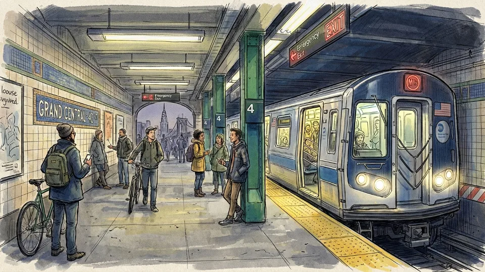 NYC subway platform with train arriving at station during late evening hours. Alt text: New York City subway train at platform serving late-night riders. Composition: Platform view showing illuminated station with train doors opening, emphasizing 24-hour service availability.