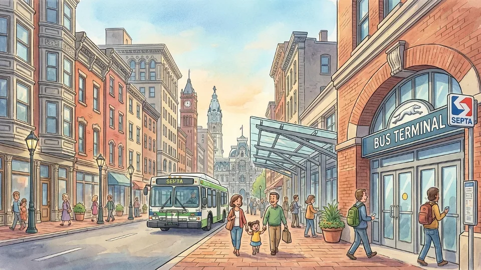 Historic downtown Philadelphia street with bus terminal entrance and city buildings