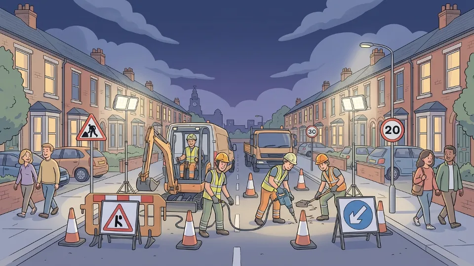 Road work crew with equipment and traffic management signs on Liverpool residential street at night, illuminated by work lights