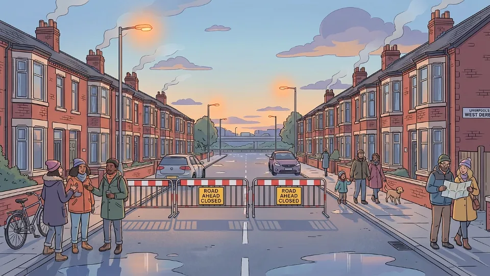 Urban residential street in Liverpool with road closure barriers and signage at dusk, showing Queens Drive intersection area in West Derby neighborhood