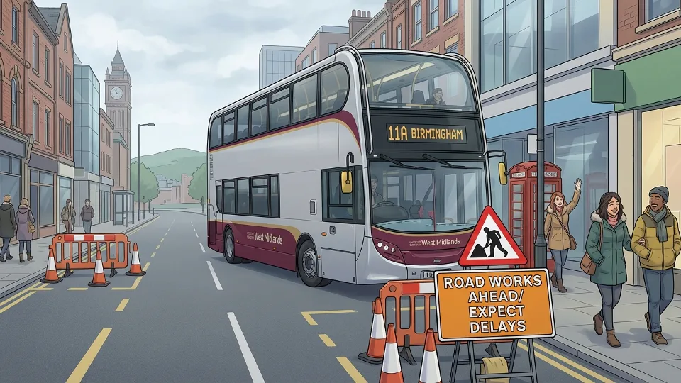Bus on urban street in West Midlands with road work signs visible