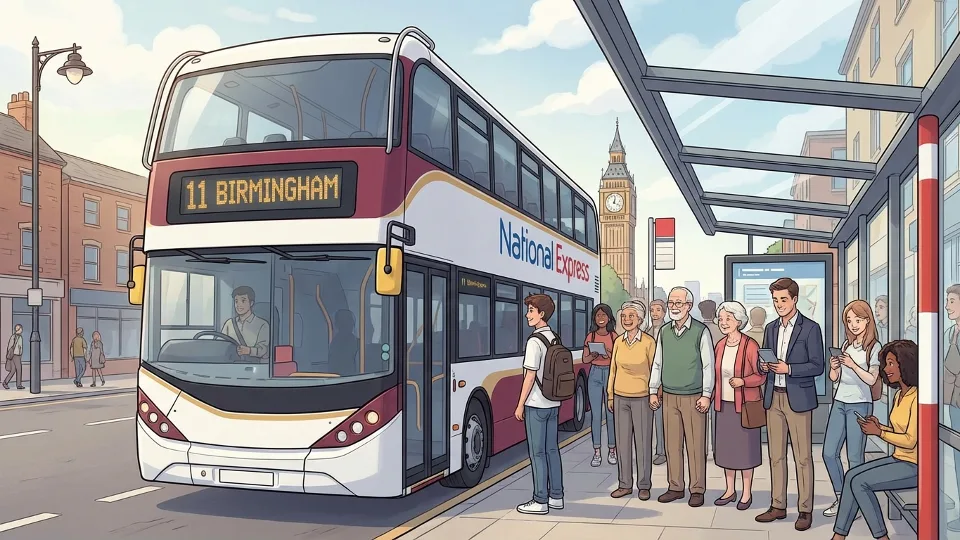 National Express West Midlands bus at stop with passengers waiting