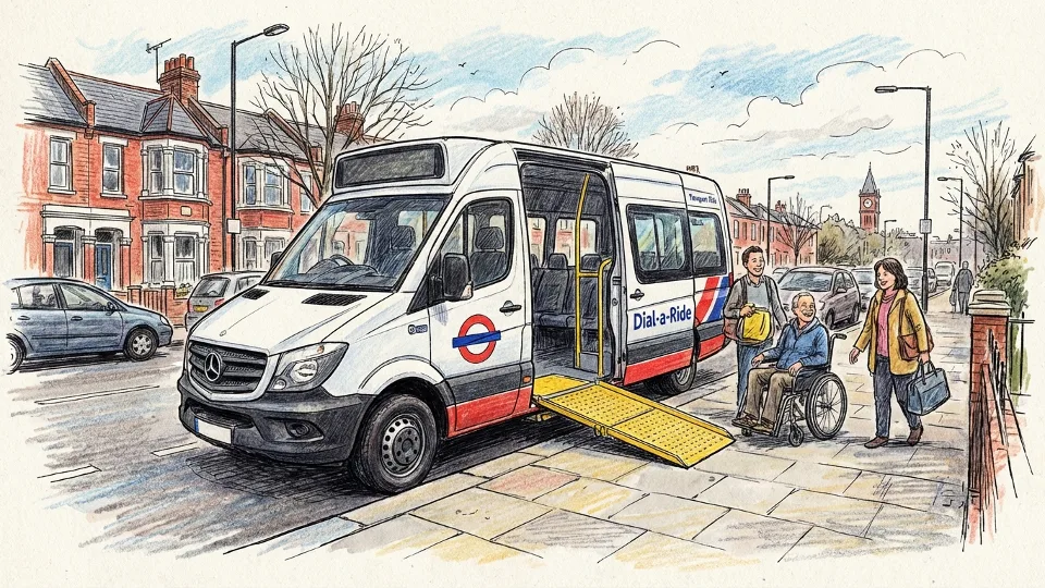 London Dial-a-Ride vehicle parked at a residential street in North London with accessible boarding ramp visible