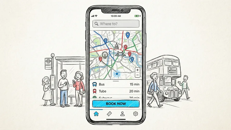 Smartphone screen displaying a transit booking app interface with address search field and map view