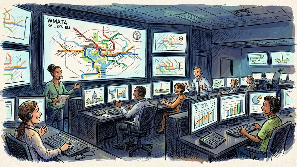 Metro control room with monitors showing train positions and system status