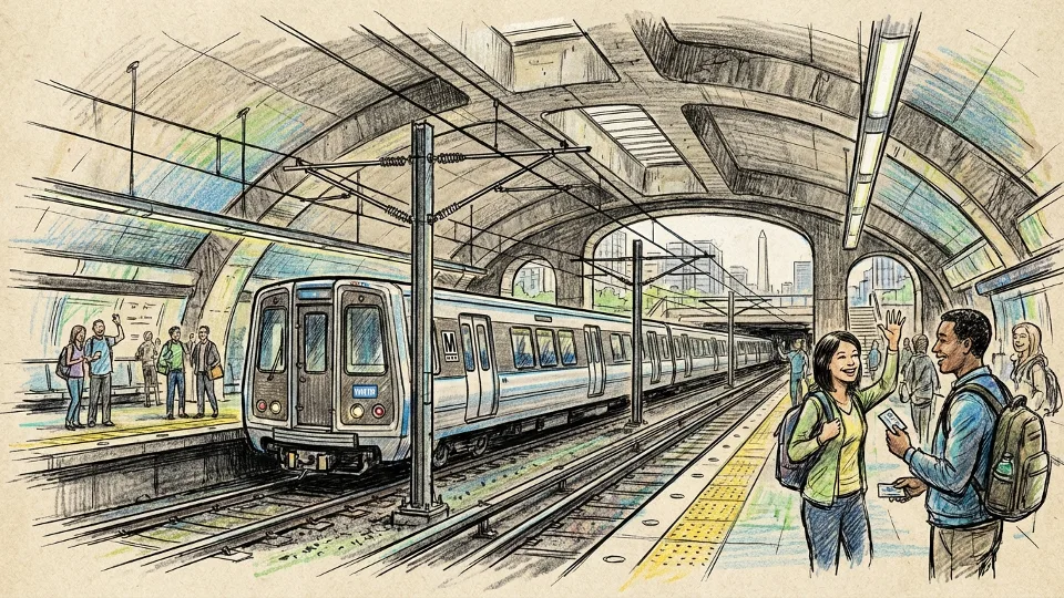 Metro train at station platform with overhead electrical wires visible