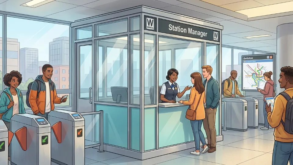 Metro station manager booth with customer service window at Ballston station, showing where riders can report lost items