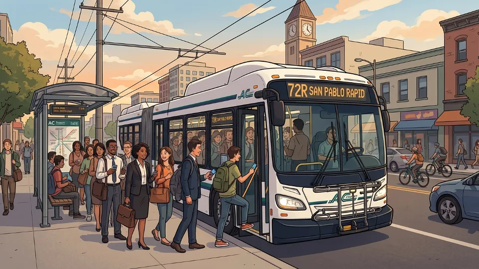 AC Transit bus at busy urban stop with passengers boarding during peak hours, showing typical service conditions in San Francisco Bay Area
