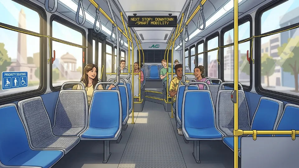 AC Transit bus interior showing seating area and passenger capacity, illustrating typical bus configuration for Bay Area transit service