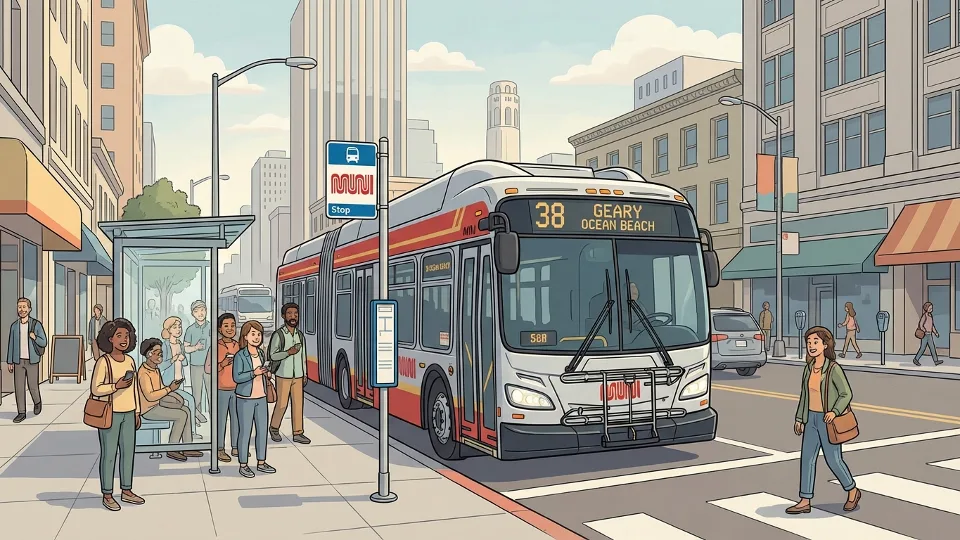 Muni bus at downtown San Francisco stop with passengers waiting