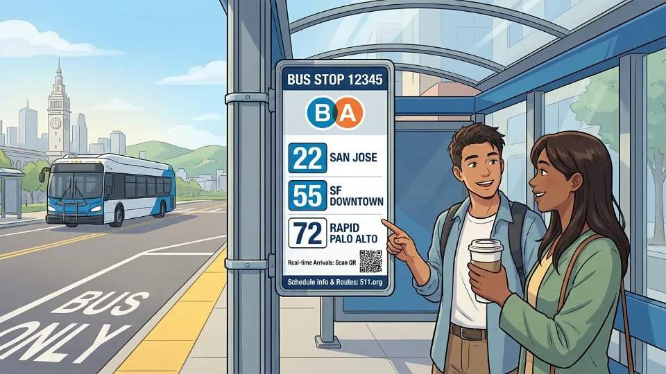 City bus route sign showing stop number and route information at transit shelter