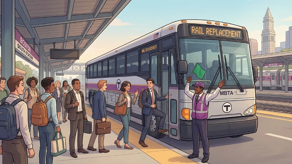 Commuter rail shuttle bus at station with passengers boarding during service disruption