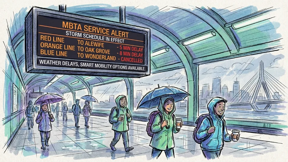 MBTA station departure board showing storm schedule delays and service alerts