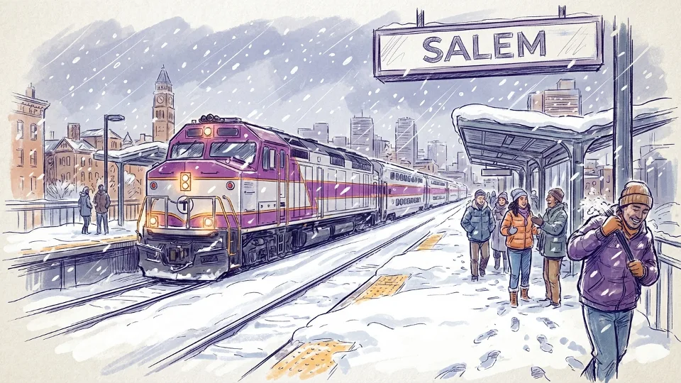 MBTA Commuter Rail train at snow-covered platform during winter storm with passengers waiting