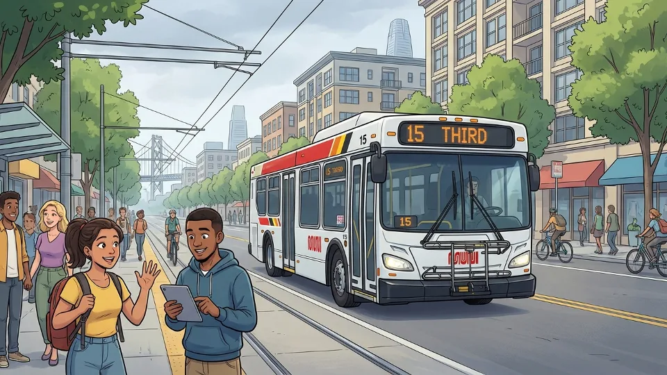 Muni bus on Route 15 traveling along Third Street corridor in San Francisco