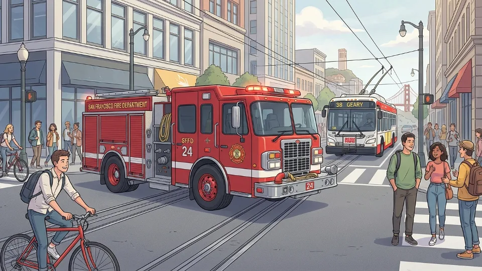 San Francisco Fire Department vehicle on downtown street with transit bus visible in background