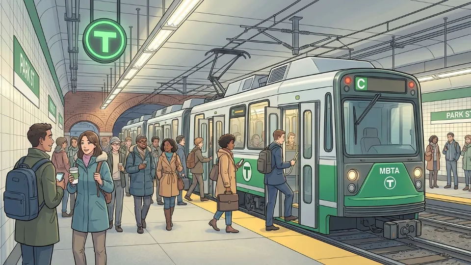 MBTA Green Line train at downtown Boston station with passengers boarding during morning commute