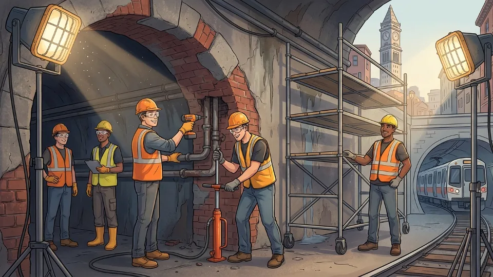 Construction workers repairing historic subway tunnel infrastructure with modern equipment and safety gear