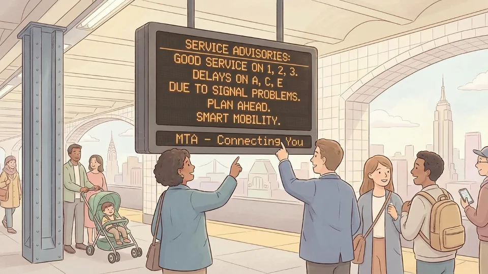 Transit information display board showing service advisory at subway station