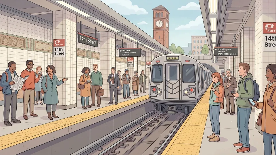 PATH train at 14th Street station platform with passengers waiting, showing track and platform signage