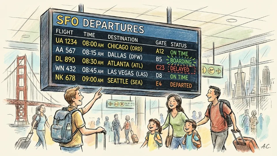 Airport departure board showing flight information and gate numbers
