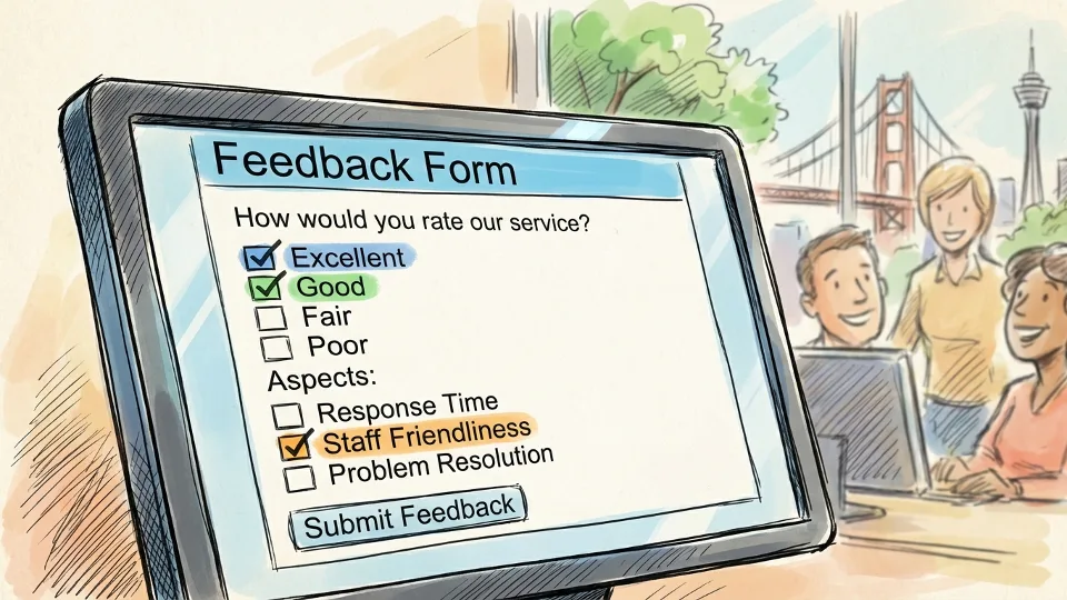 Close-up of customer service feedback form on computer screen with checkbox options visible