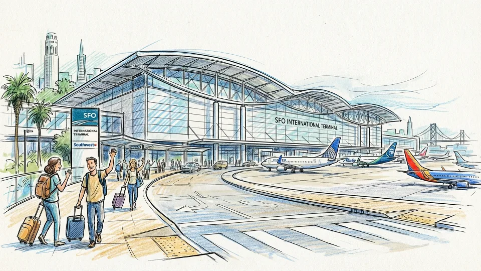 Wide shot of San Francisco International Airport terminal exterior with planes visible on tarmac in background, travelers with luggage in foreground
