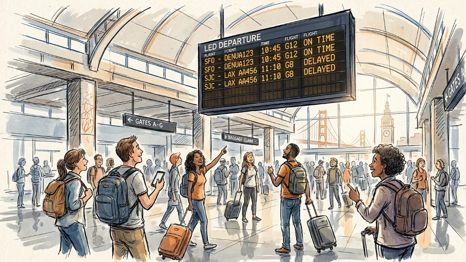Interior view of airport departure board showing flight information with travelers checking schedules