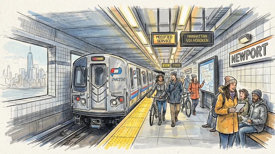 PATH train at Newport station platform with passengers waiting during modified service operations