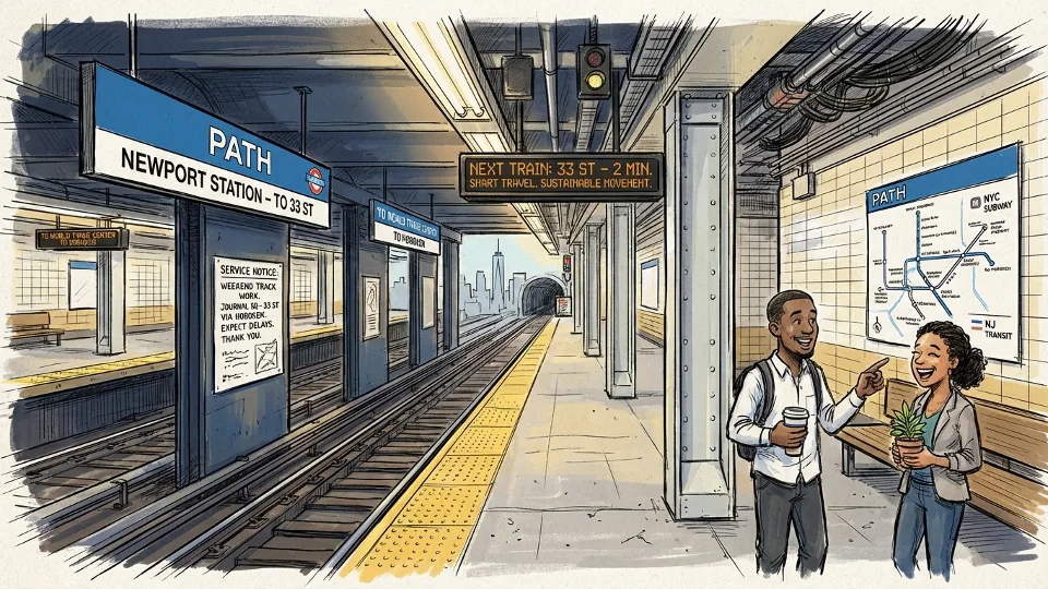 Close-up of PATH station platform signage and track area showing service modification notices